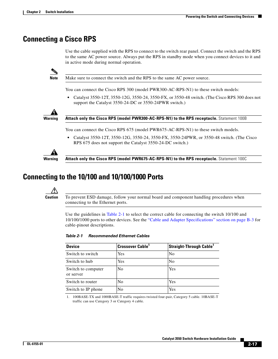 Connecting a cisco rps, Connecting to the 10/100 and 10/100/1000 ports | Cisco 3550 User Manual | Page 47 / 86