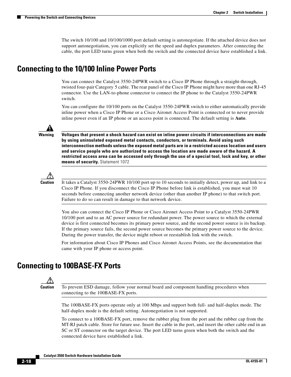 Connecting to the 10/100 inline power ports, Connecting to 100base-fx ports | Cisco 3550 User Manual | Page 48 / 86