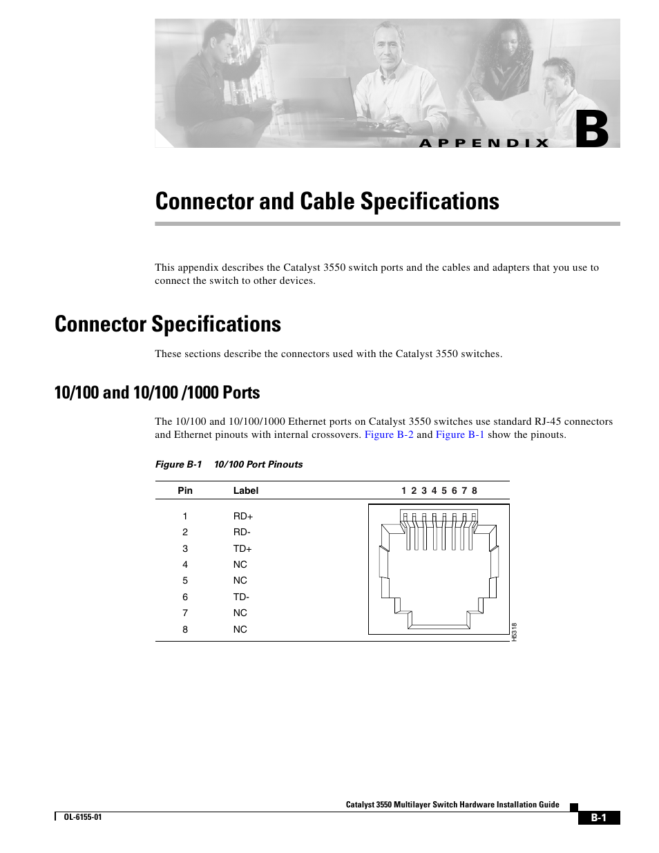 Connector and cable specifications, Connector specifications, 10/100 and 10/100 /1000 ports | A p p e n d i x | Cisco 3550 User Manual | Page 59 / 86