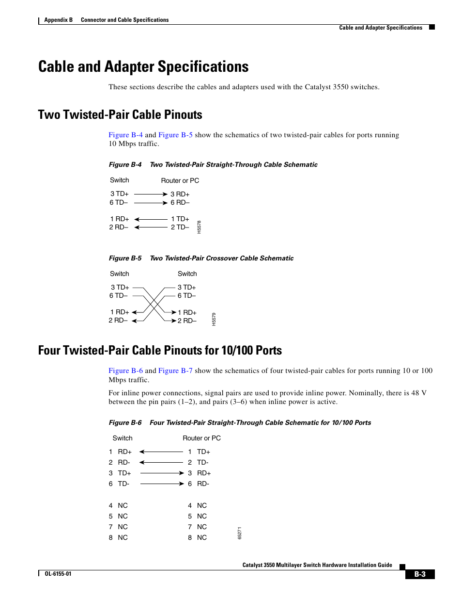 Cable and adapter specifications, Two twisted-pair cable pinouts, Four twisted-pair cable pinouts for 10/100 ports | Cisco 3550 User Manual | Page 61 / 86