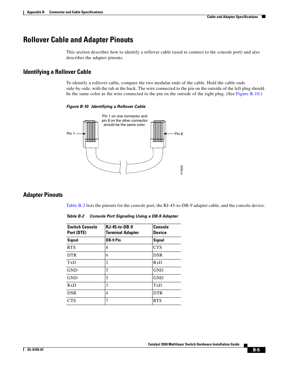 Rollover cable and adapter pinouts, Identifying a rollover cable, Adapter pinouts | Table b-2 | Cisco 3550 User Manual | Page 63 / 86