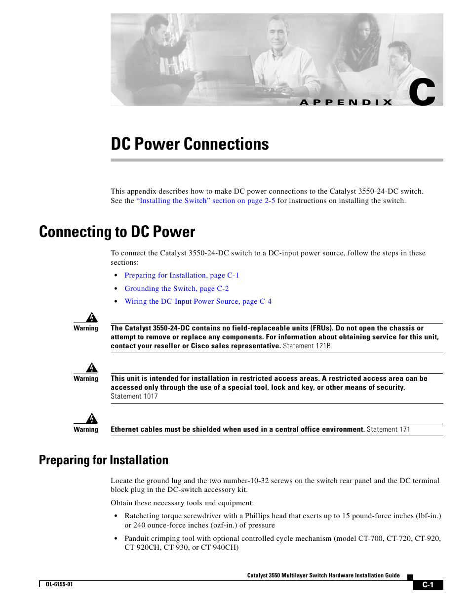 Dc power connections, Connecting to dc power, Preparing for installation | A p p e n d i x | Cisco 3550 User Manual | Page 65 / 86