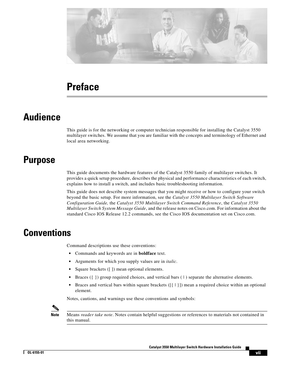 Preface, Audience, Purpose | Conventions | Cisco 3550 User Manual | Page 7 / 86