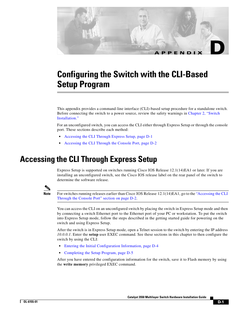 Accessing the cli through express setup, A p p e n d i x, Appendix d, “configuring the switch with | The cli-based setup program | Cisco 3550 User Manual | Page 73 / 86