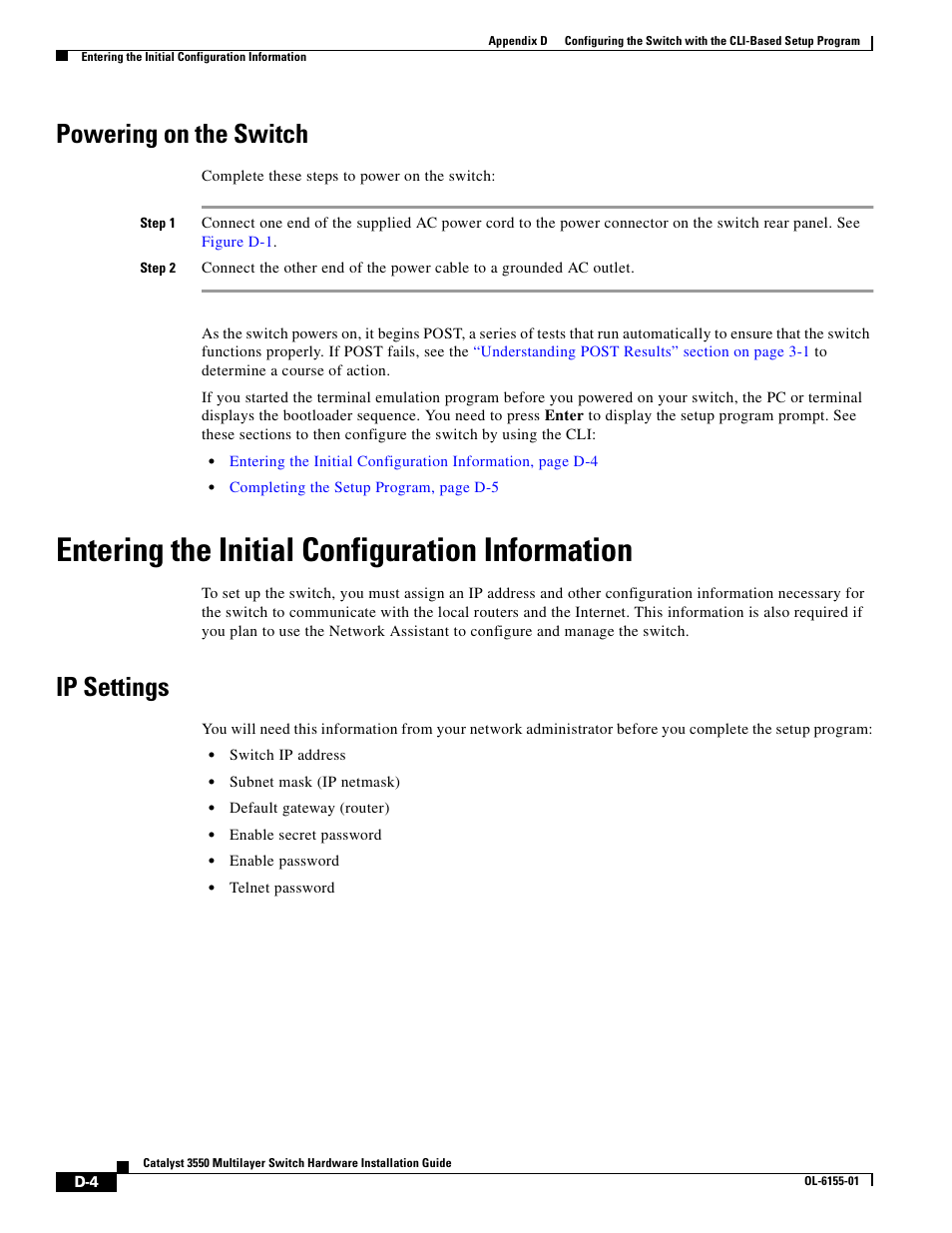Powering on the switch, Entering the initial configuration information, Ip settings | Cisco 3550 User Manual | Page 76 / 86