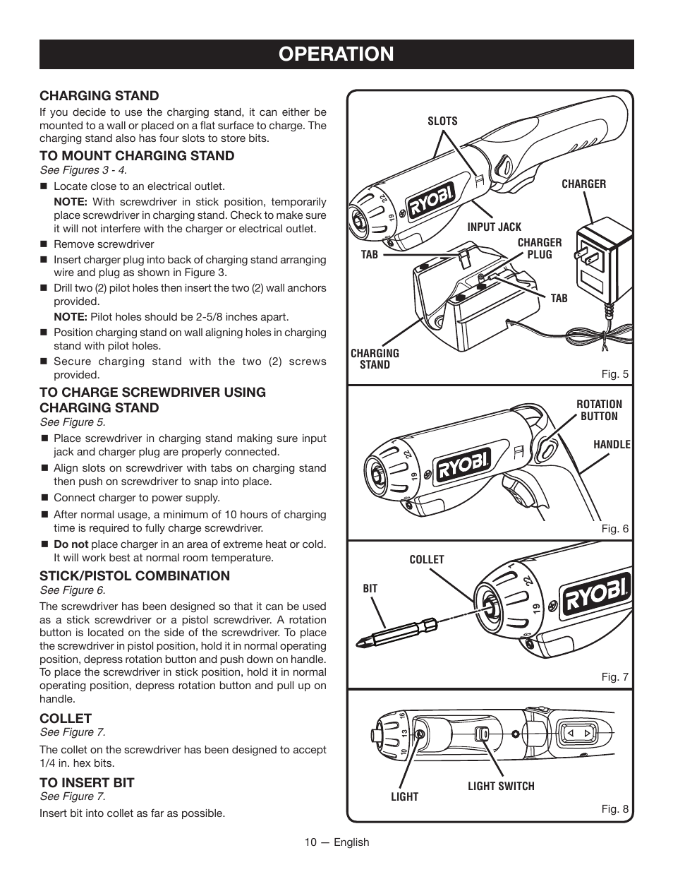 Operation, Charging stand, Stick/pistol combination | Collet | Ryobi HP37 User Manual | Page 10 / 36