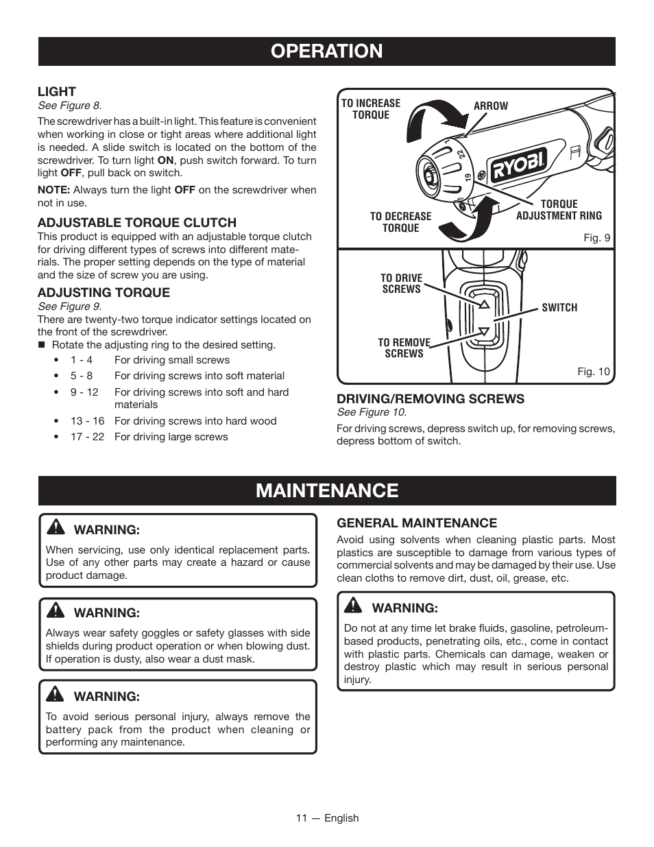 Operation, Maintenance | Ryobi HP37 User Manual | Page 11 / 36