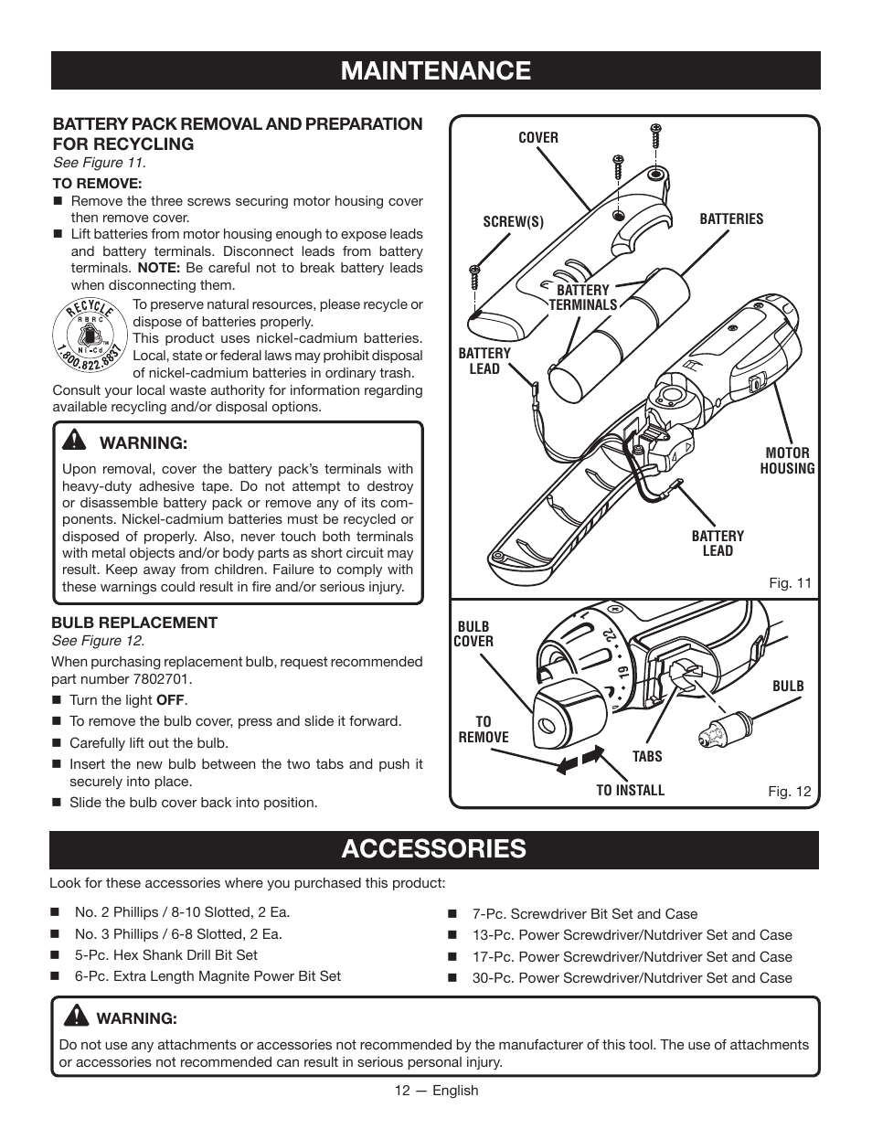 Maintenance, Accessories | Ryobi HP37 User Manual | Page 12 / 36