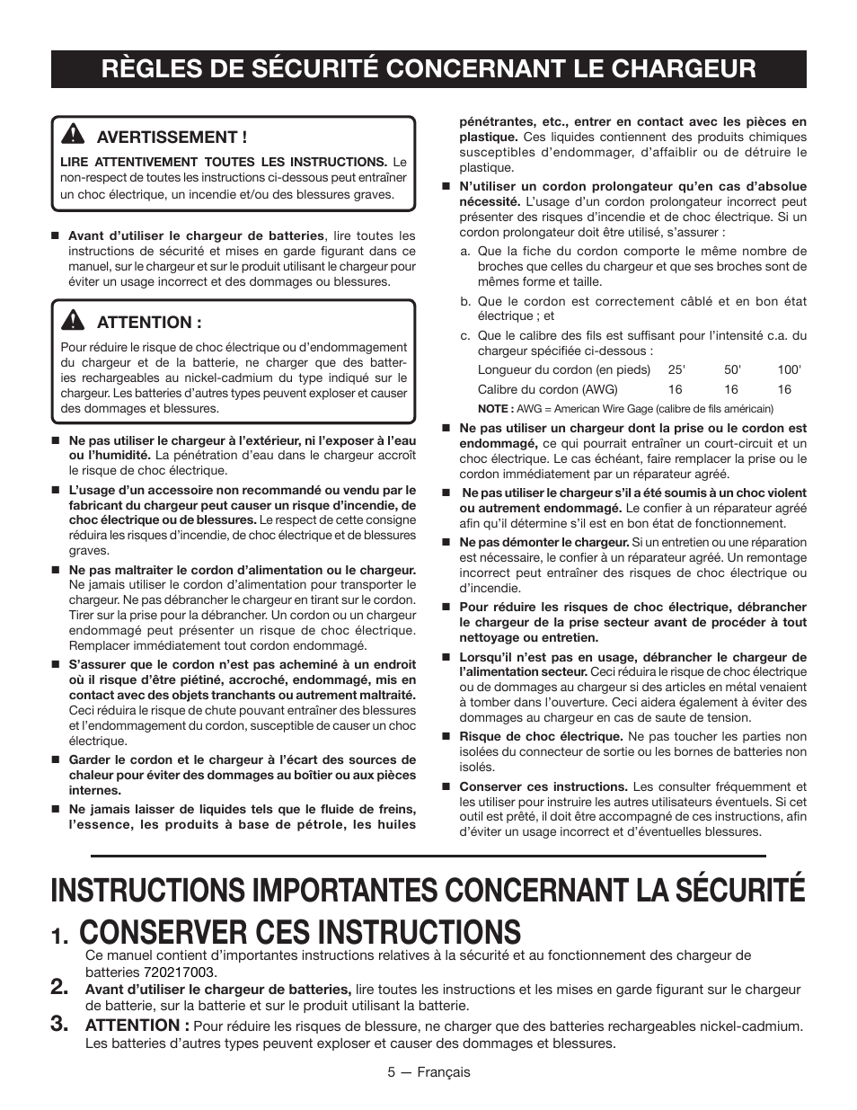 Conserver ces instructions, Instructions importantes concernant la sécurité, Règles de sécurité concernant le chargeur | Ryobi HP37 User Manual | Page 16 / 36