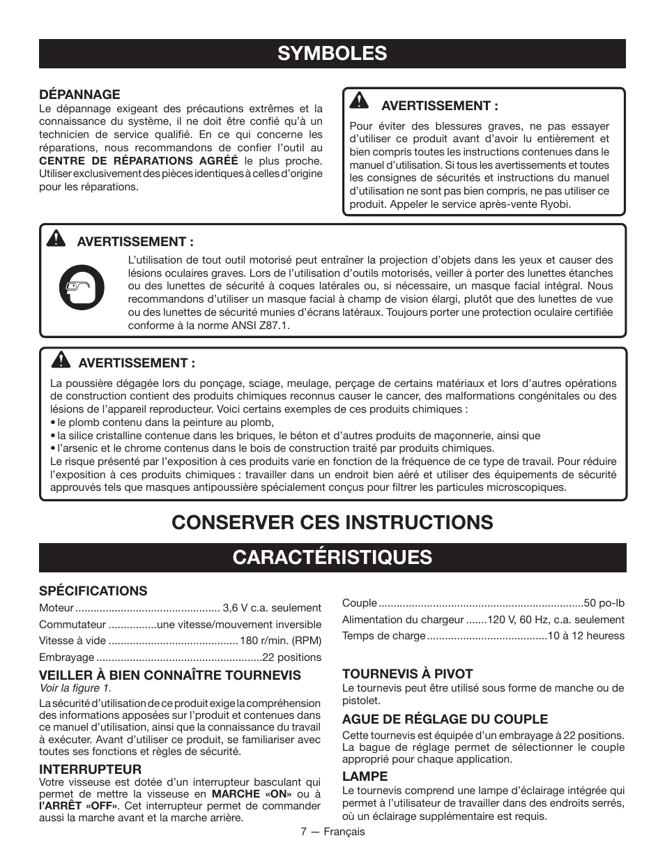 Caractéristiques, Symboles, Conserver ces instructions | Ryobi HP37 User Manual | Page 18 / 36