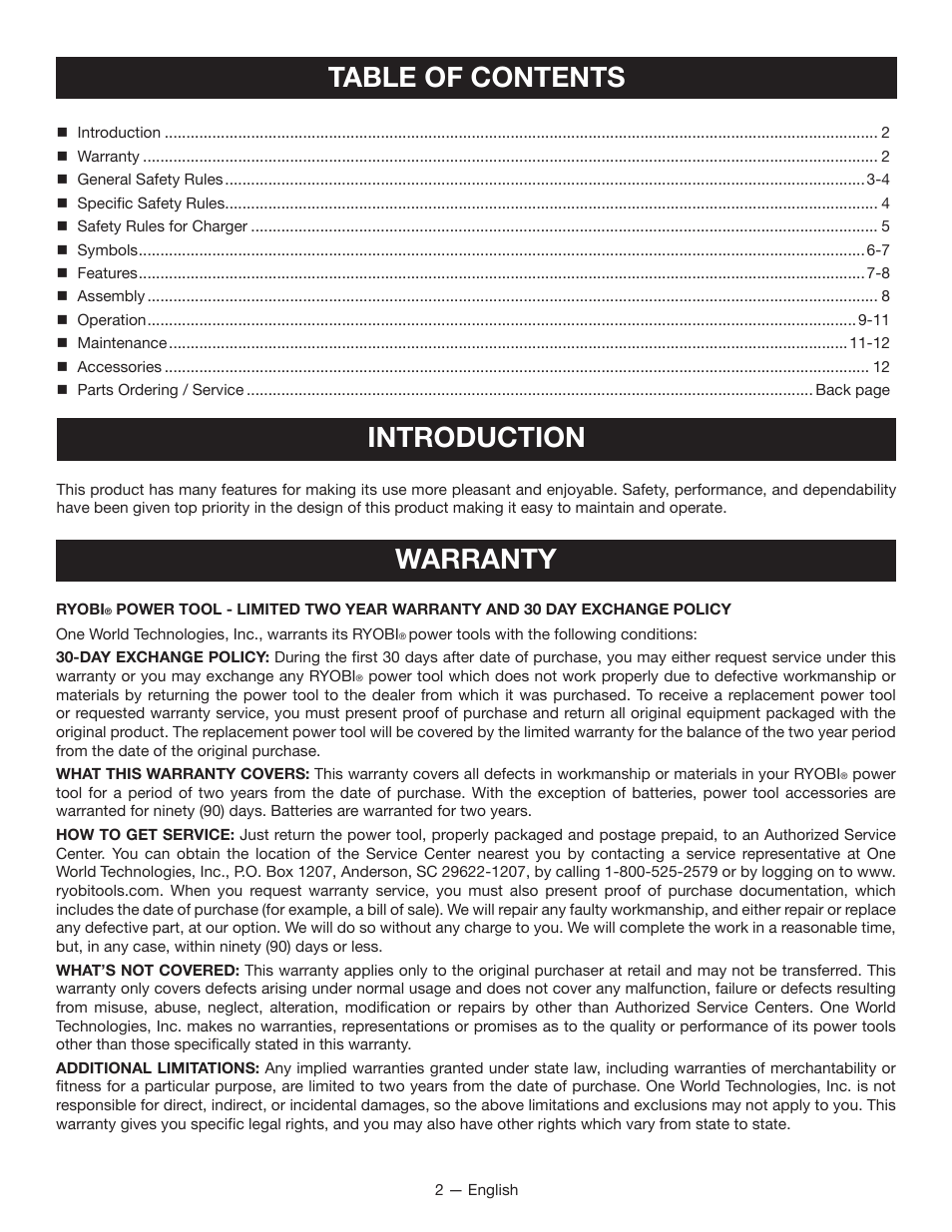 Table of contents introduction, Warranty | Ryobi HP37 User Manual | Page 2 / 36