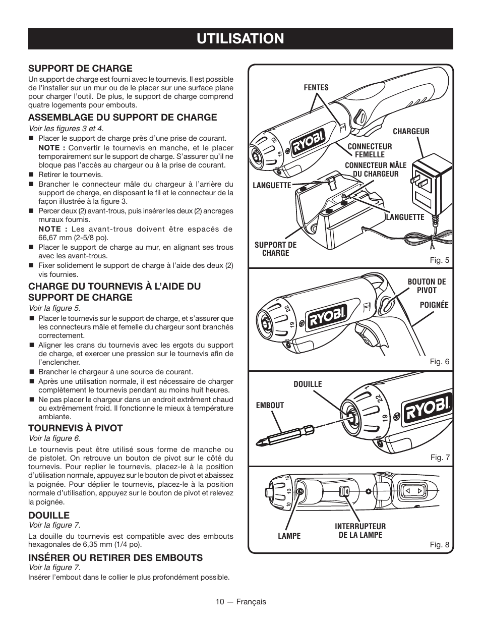 Utilisation, Support de charge, Assemblage du support de charge | Charge du tournevis à l’aide du support de charge, Tournevis à pivot, Douille, Insérer ou retirer des embouts | Ryobi HP37 User Manual | Page 21 / 36