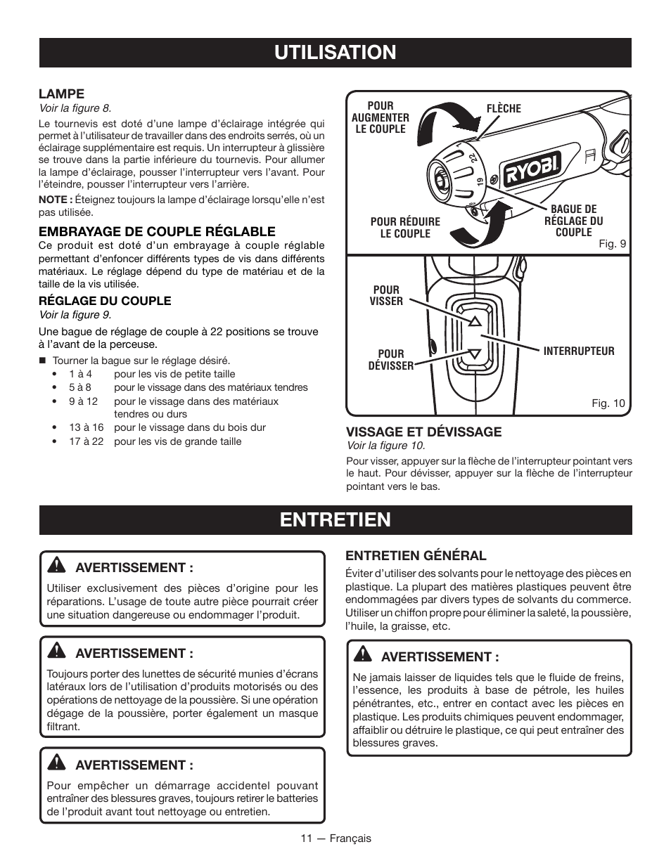 Utilisation, Entretien | Ryobi HP37 User Manual | Page 22 / 36