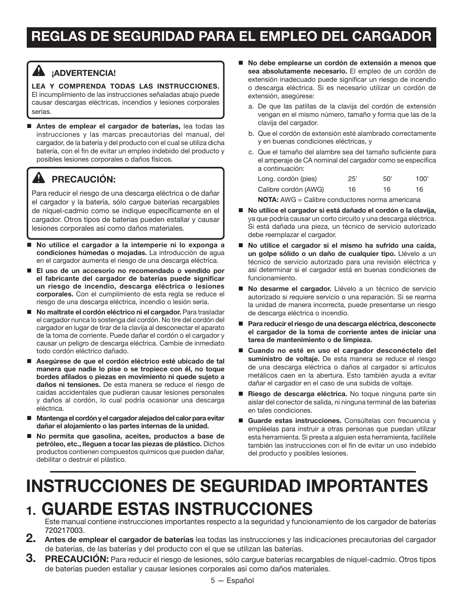 Instrucciones de seguridad importantes, Guarde estas instrucciones, Reglas de seguridad para el empleo del cargador | Ryobi HP37 User Manual | Page 27 / 36