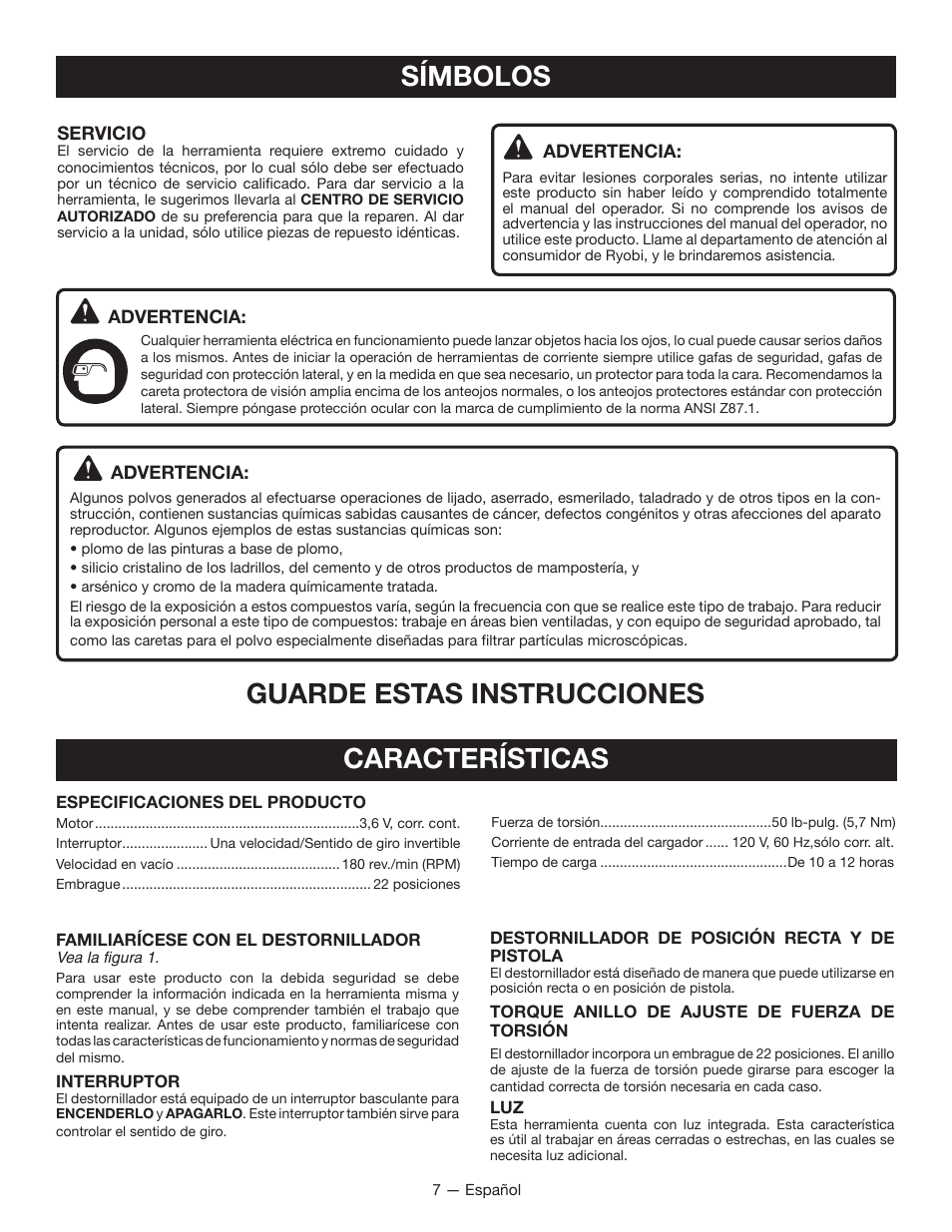 Características, Símbolos, Guarde estas instrucciones | Ryobi HP37 User Manual | Page 29 / 36