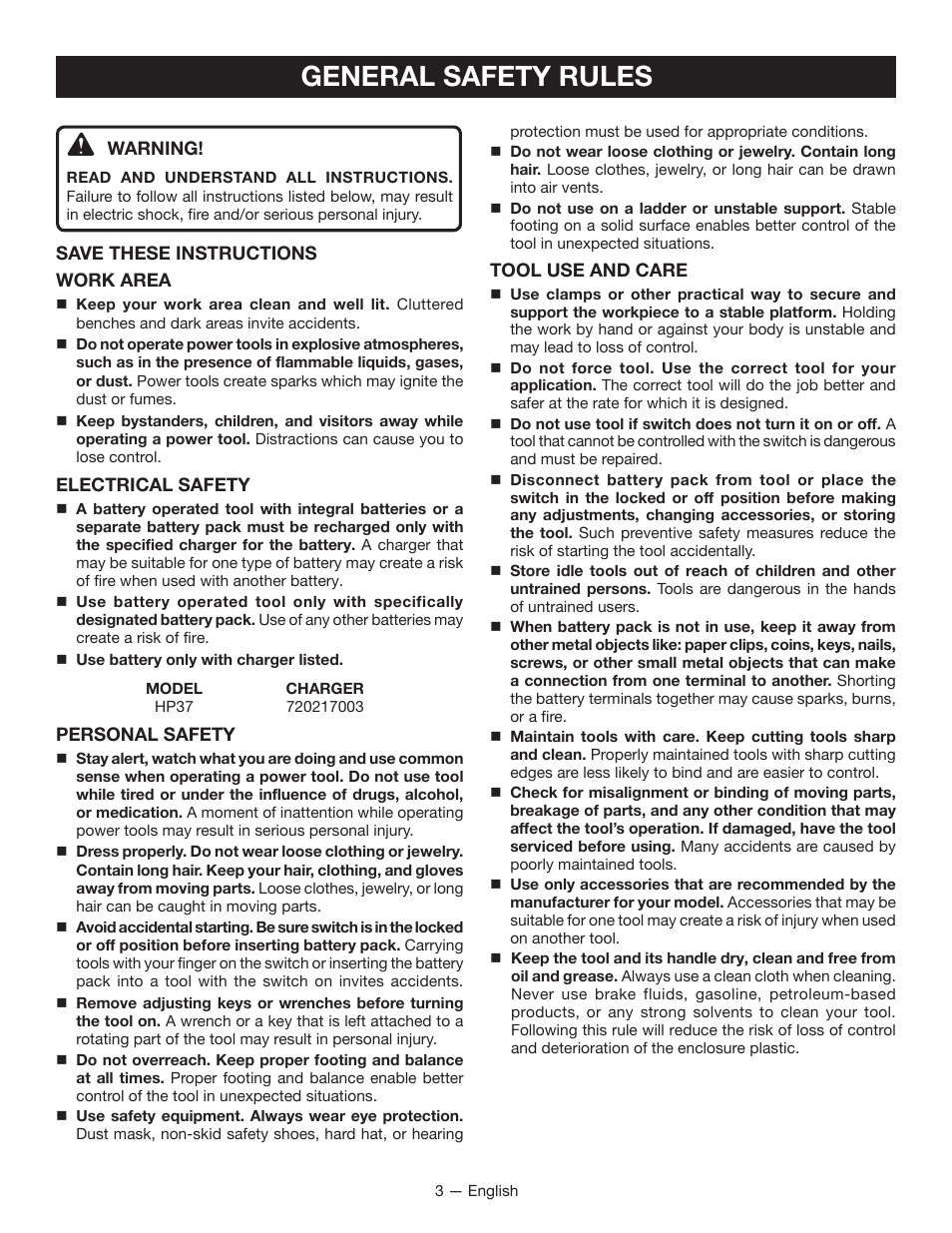 General safety rules | Ryobi HP37 User Manual | Page 3 / 36
