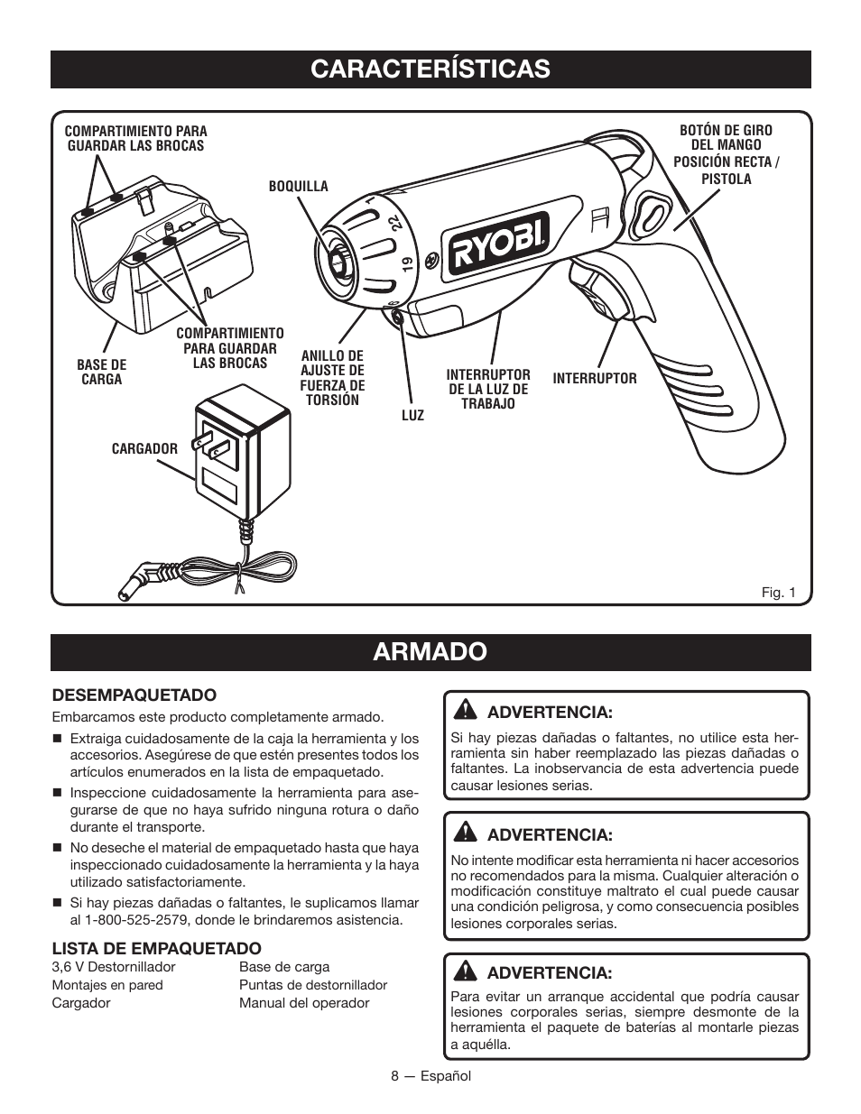 Características, Armado | Ryobi HP37 User Manual | Page 30 / 36