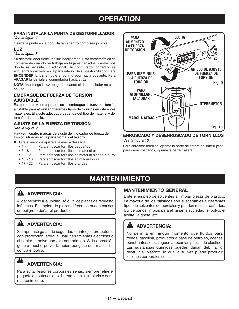 Operation, Mantenimiento | Ryobi HP37 User Manual | Page 33 / 36