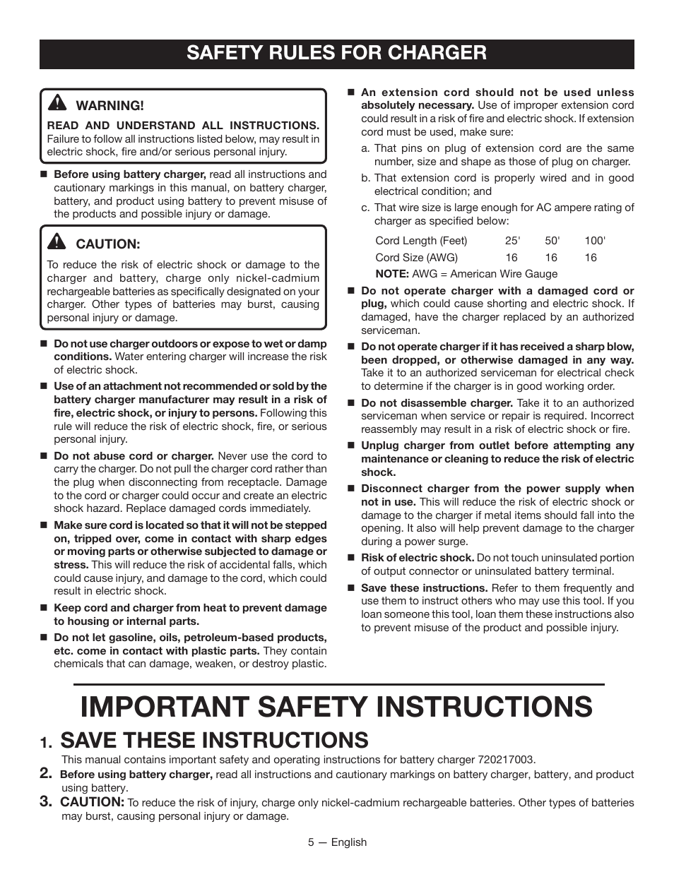 Important safety instructions, Save these instructions, Safety rules for charger | Ryobi HP37 User Manual | Page 5 / 36