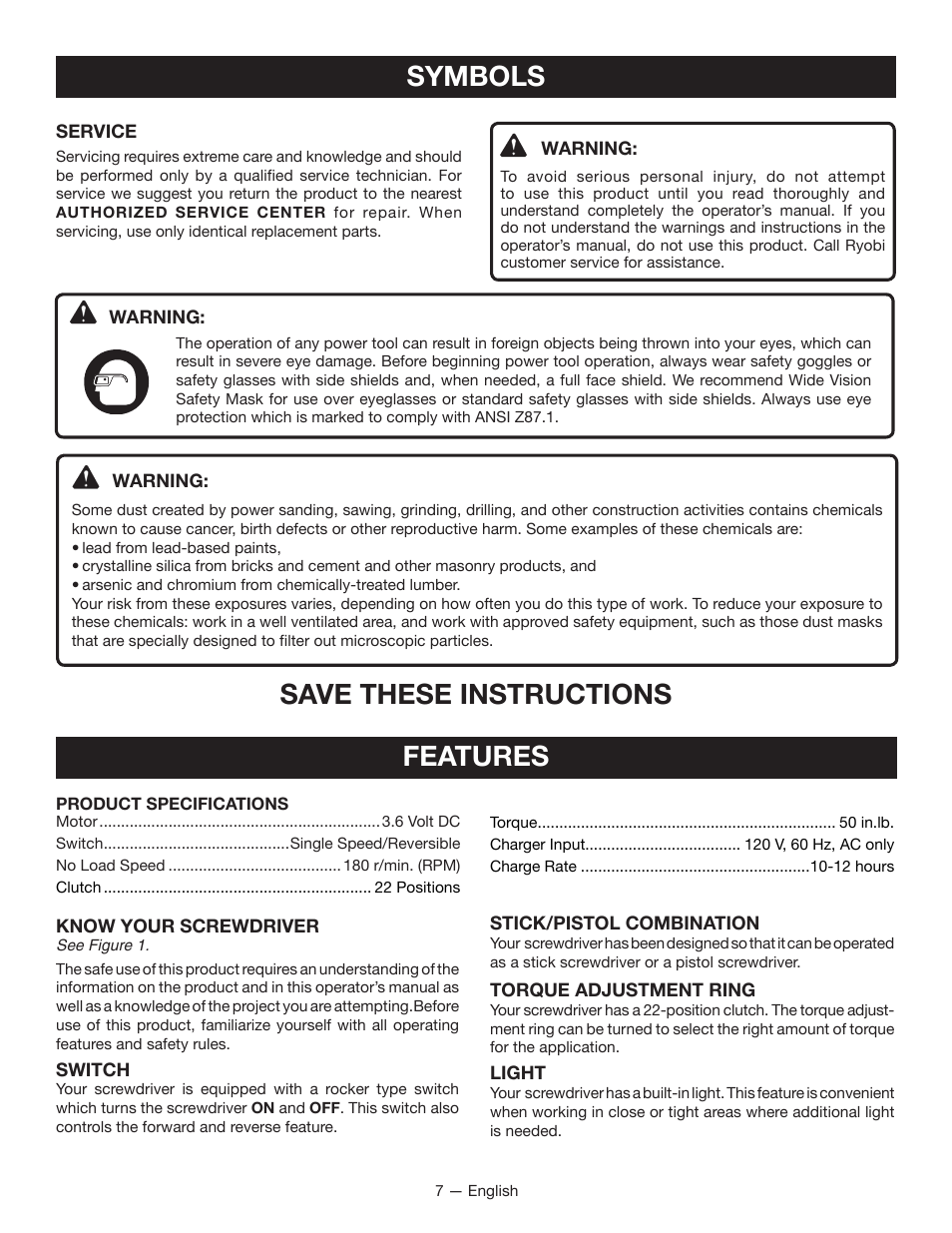 Symbols, Save these instructions, Features | Ryobi HP37 User Manual | Page 7 / 36