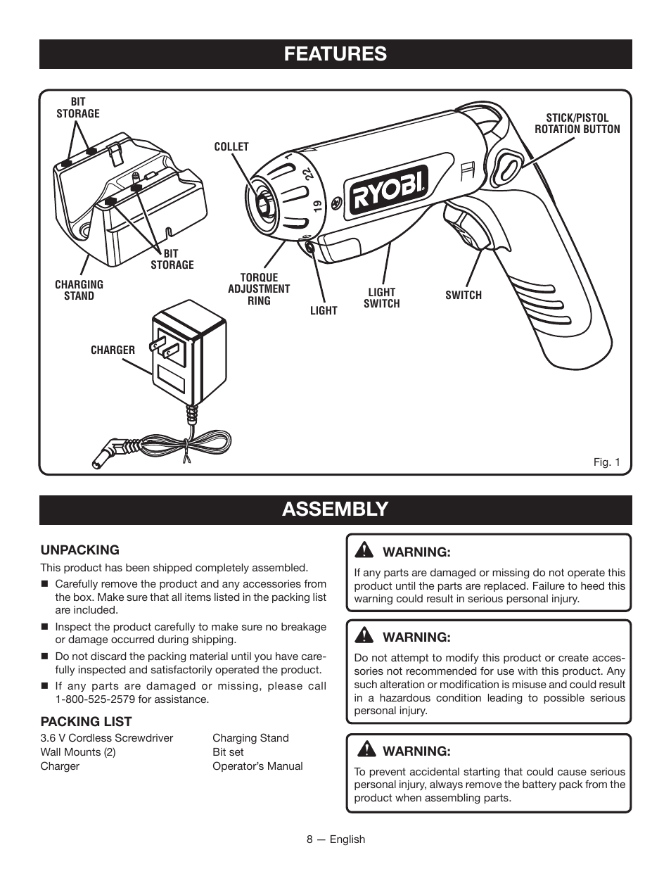 Features, Assembly | Ryobi HP37 User Manual | Page 8 / 36