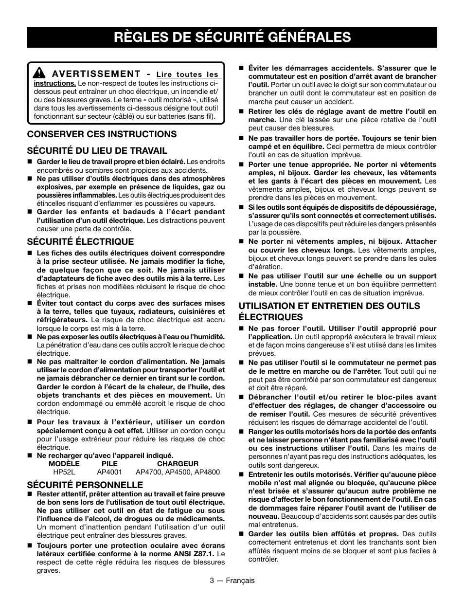 Règles de sécurité générales, Avertissement, Sécurité électrique | Sécurité personnelle, Utilisation et entretien des outils électriques | Ryobi HP52L User Manual | Page 10 / 24