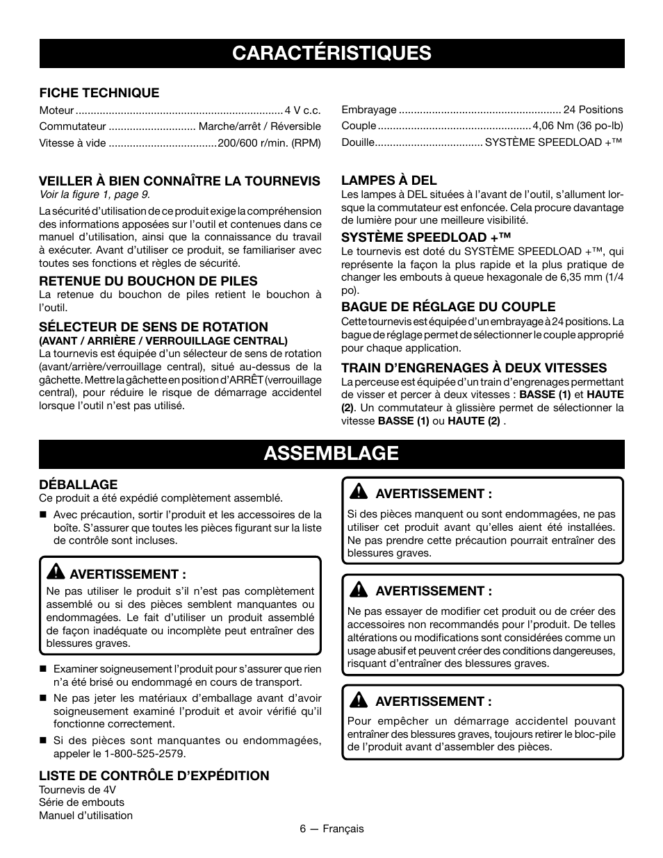 Caractéristiques, Assemblage | Ryobi HP52L User Manual | Page 13 / 24