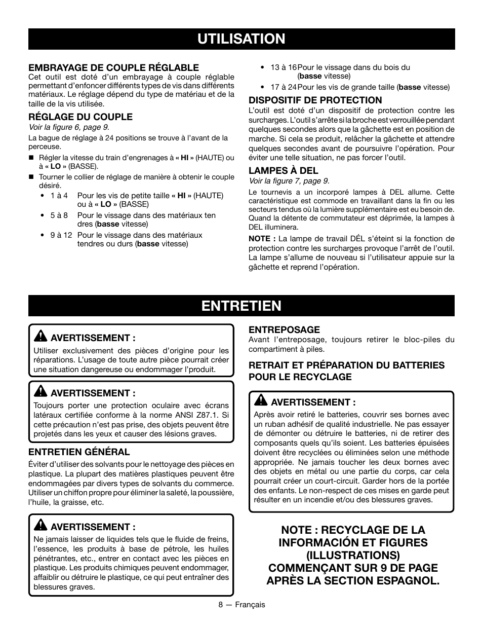 Utilisation entretien | Ryobi HP52L User Manual | Page 15 / 24