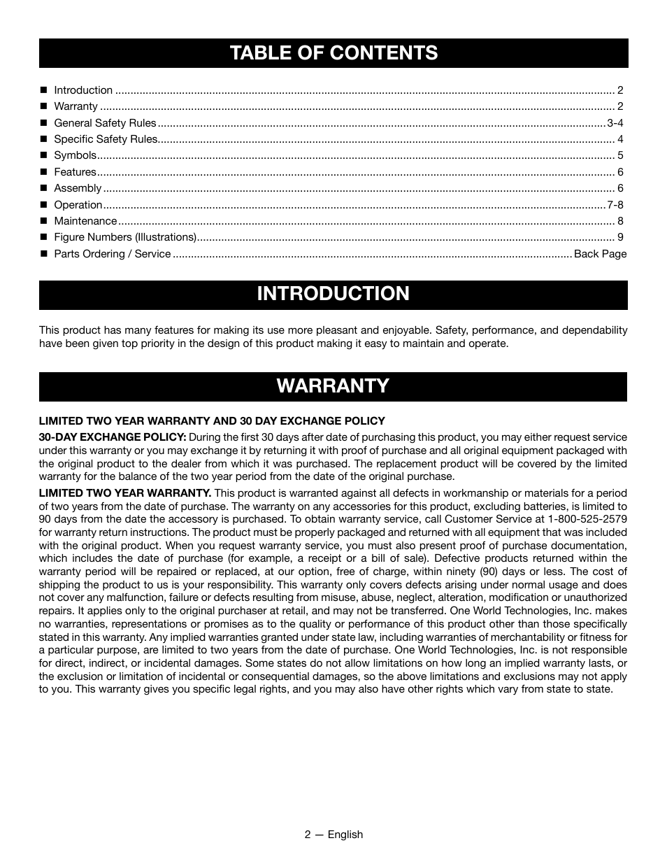 Table of contents introduction, Warranty | Ryobi HP52L User Manual | Page 2 / 24