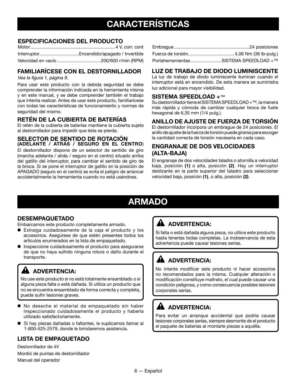 Características, Armado | Ryobi HP52L User Manual | Page 20 / 24