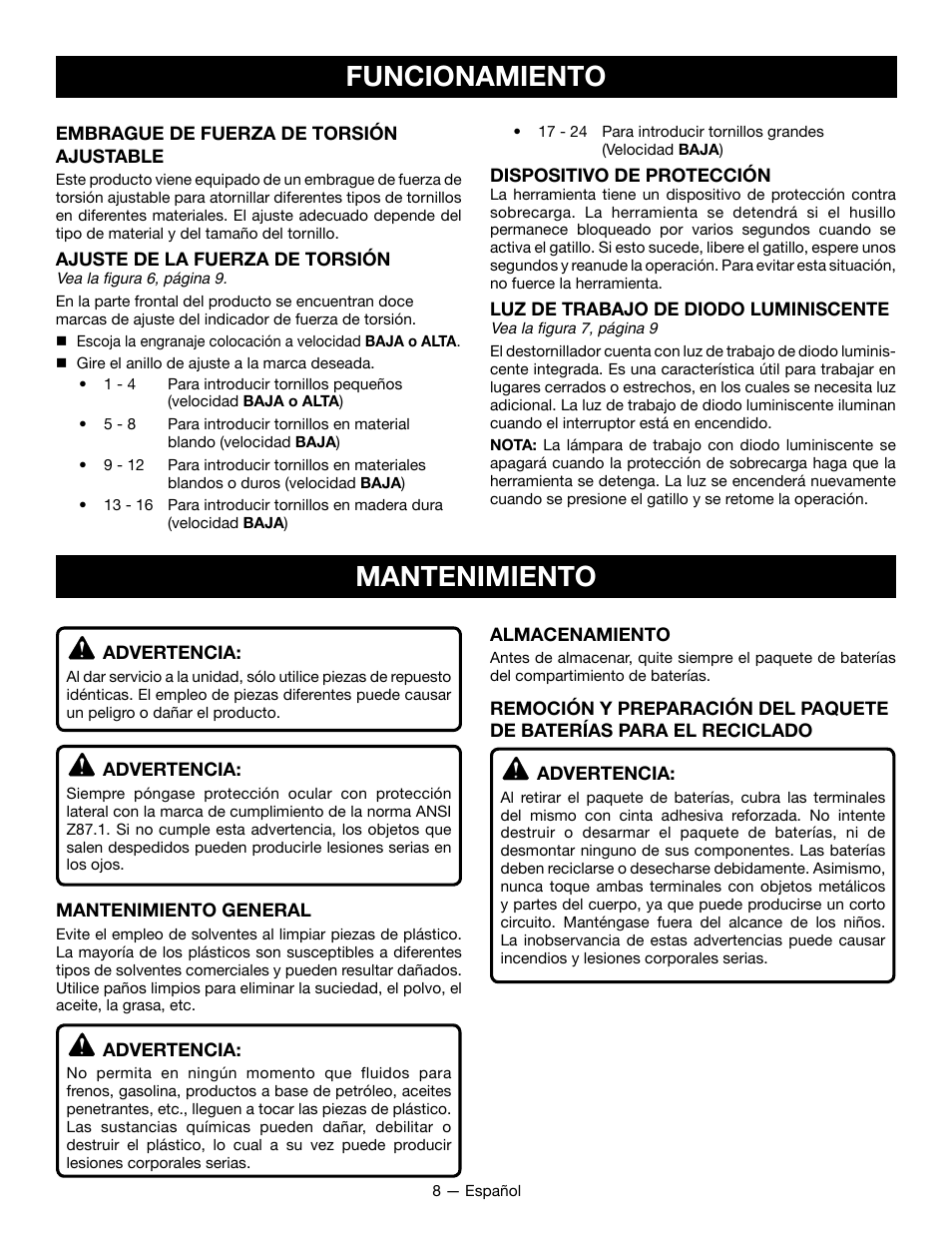 Funcionamiento mantenimiento | Ryobi HP52L User Manual | Page 22 / 24
