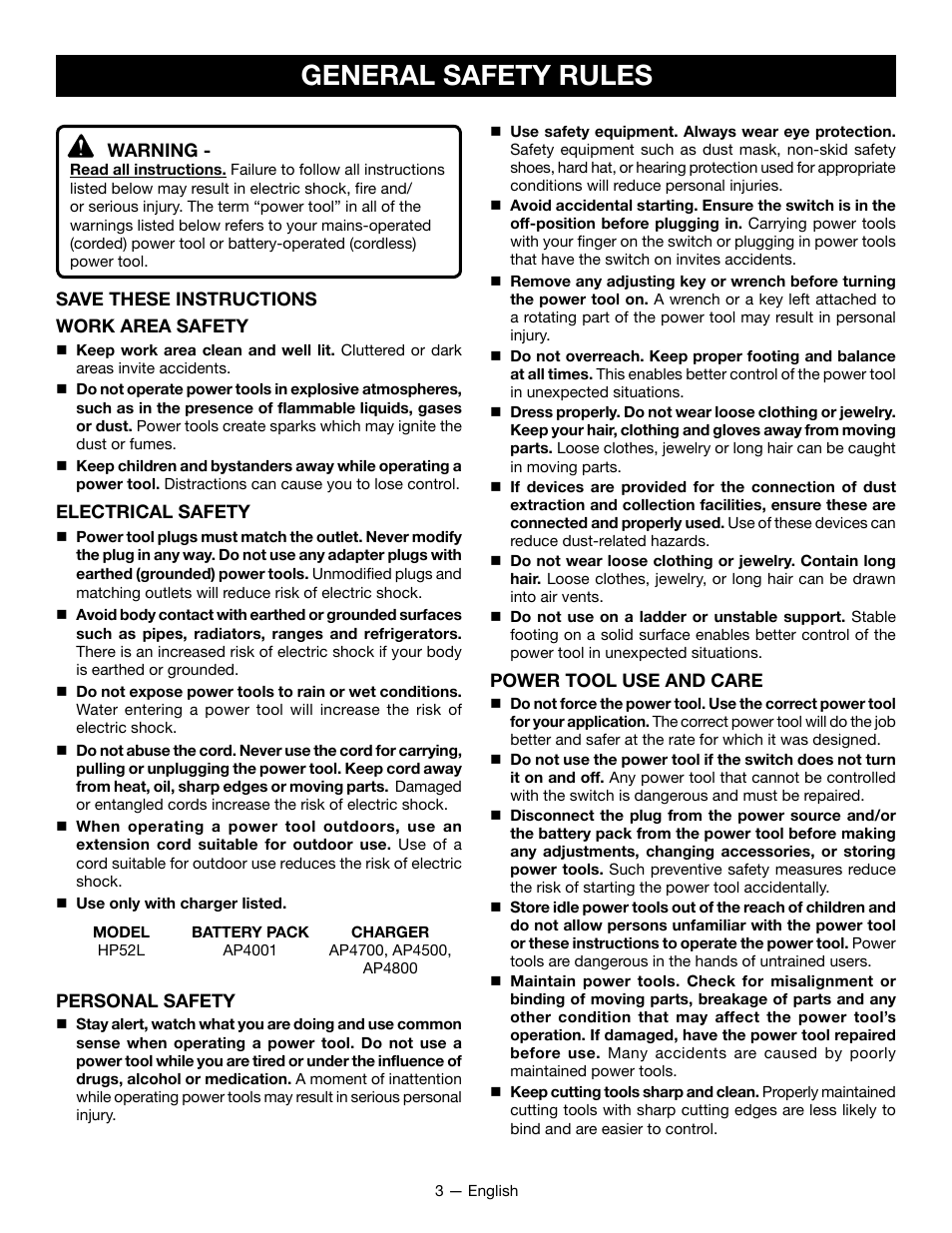 General safety rules | Ryobi HP52L User Manual | Page 3 / 24