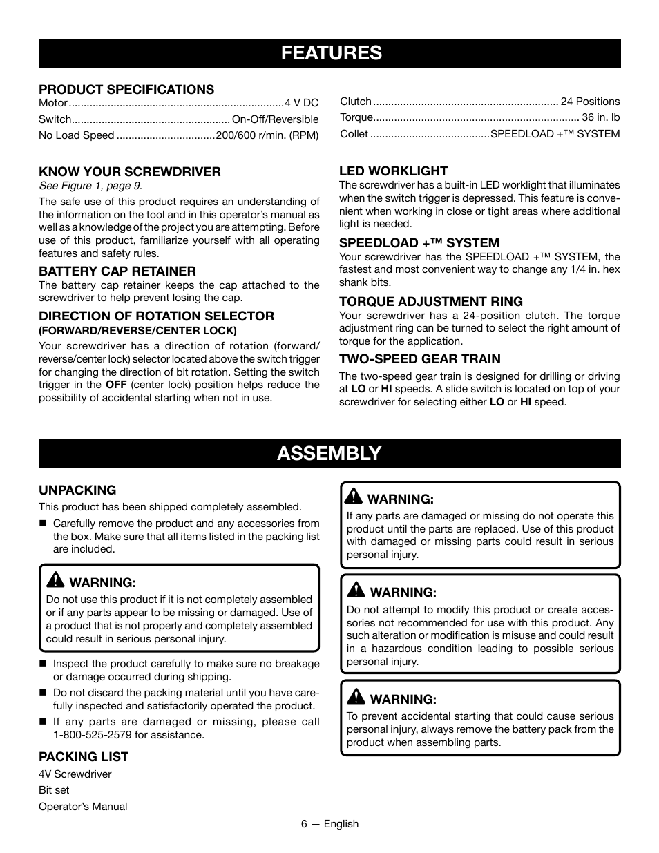 Features, Assembly | Ryobi HP52L User Manual | Page 6 / 24