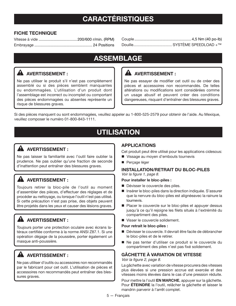 Caractéristiques, Utilisation, Assemblage | Ryobi HP53L User Manual | Page 11 / 24