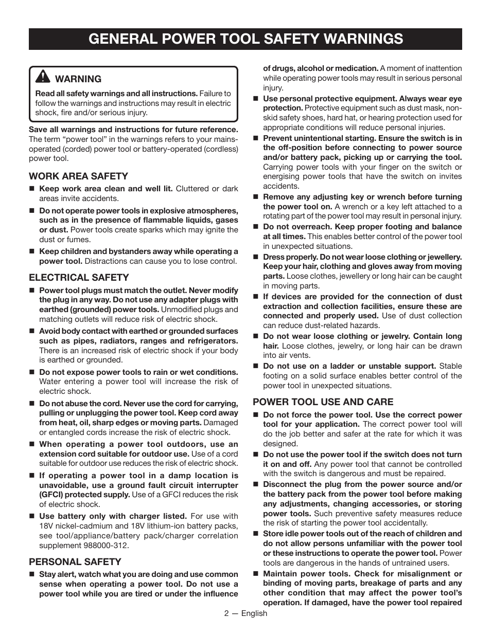 General power tool safety warnings | Ryobi HP53L User Manual | Page 2 / 24