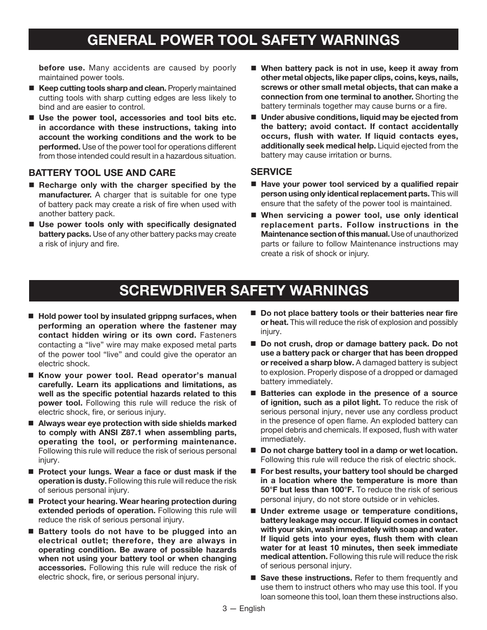 General power tool safety warnings, Screwdriver safety warnings | Ryobi HP53L User Manual | Page 3 / 24