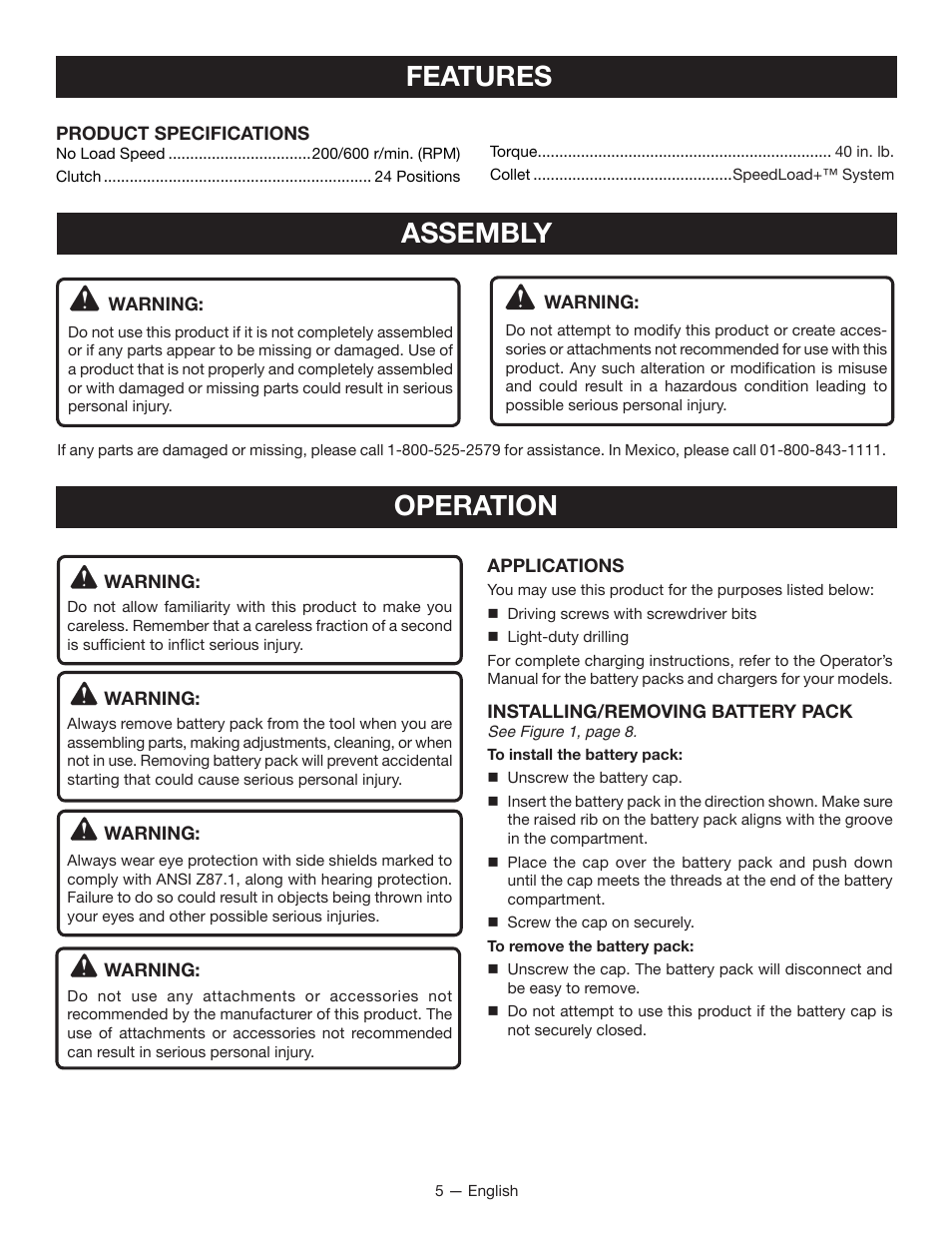 Features, Assembly, Operation | Ryobi HP53L User Manual | Page 5 / 24