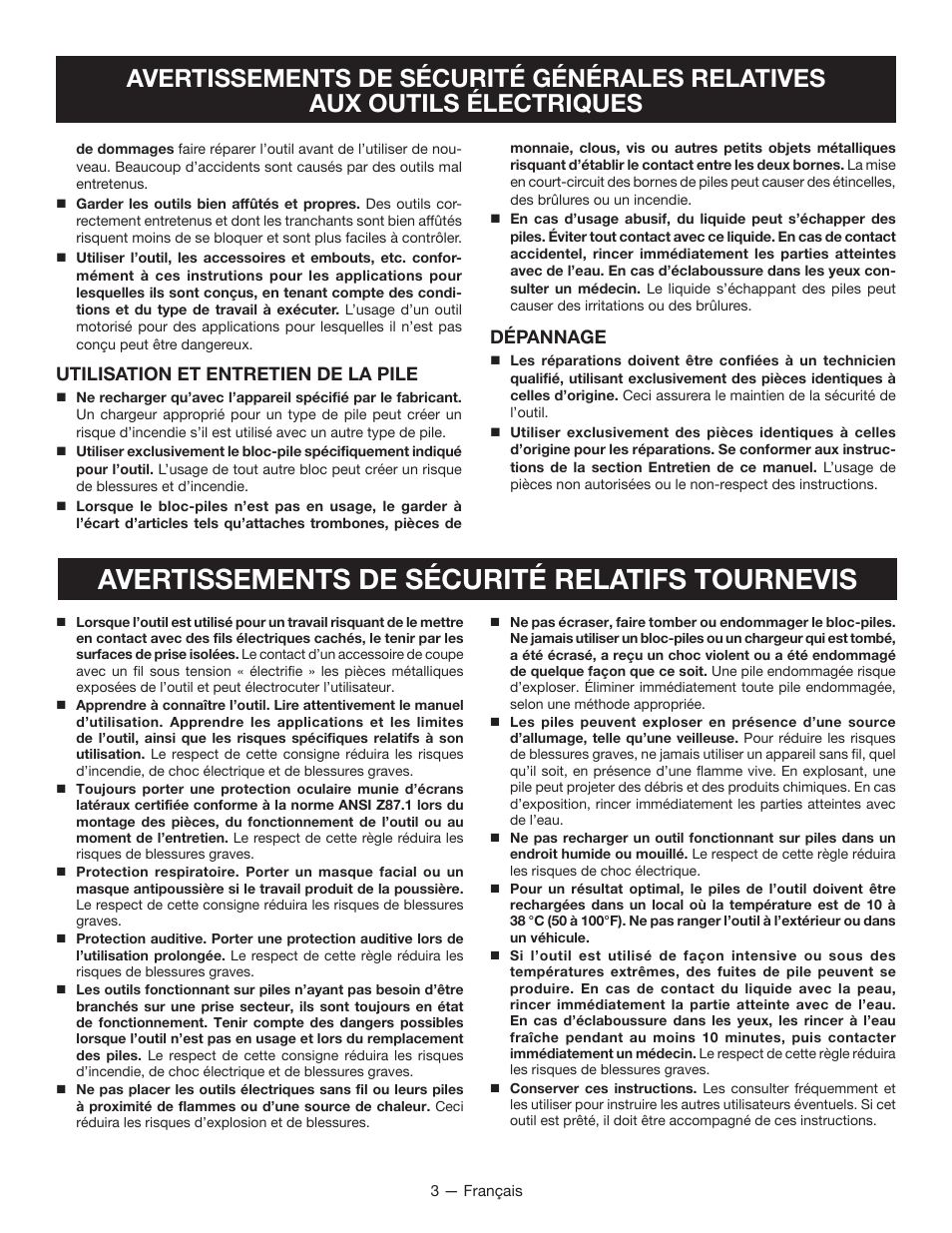 Avertissements de sécurité relatifs tournevis, Utilisation et entretien de la pile, Dépannage | Ryobi HP53L User Manual | Page 9 / 24