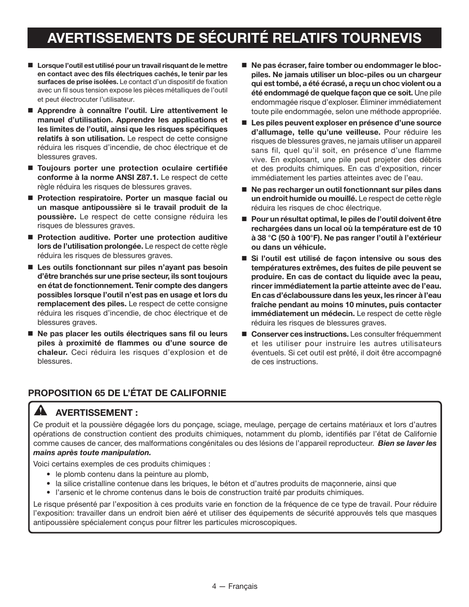 Avertissements de sécurité relatifs tournevis | Ryobi HP43L User Manual | Page 12 / 28