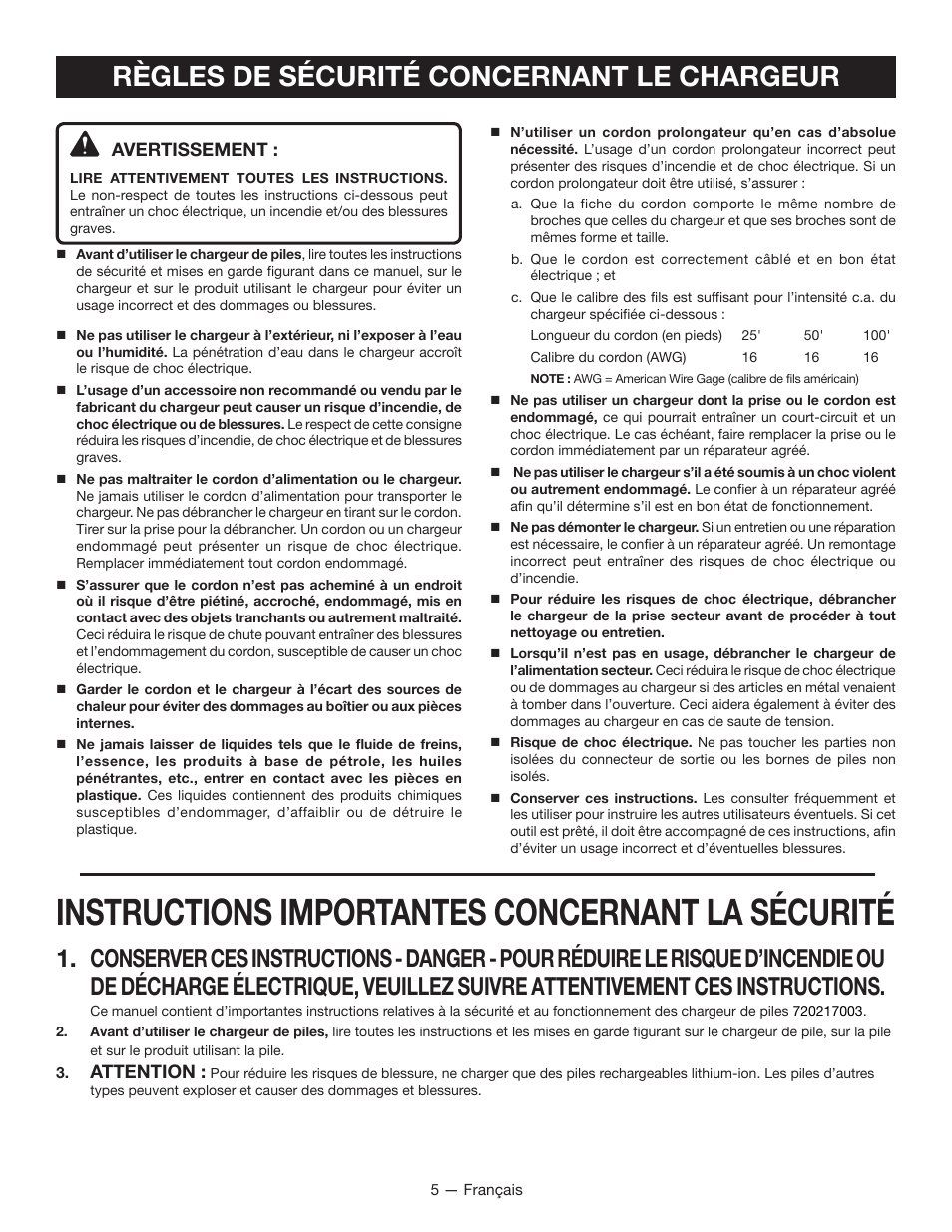 Instructions importantes concernant la sécurité, Règles de sécurité concernant le chargeur | Ryobi HP43L User Manual | Page 13 / 28