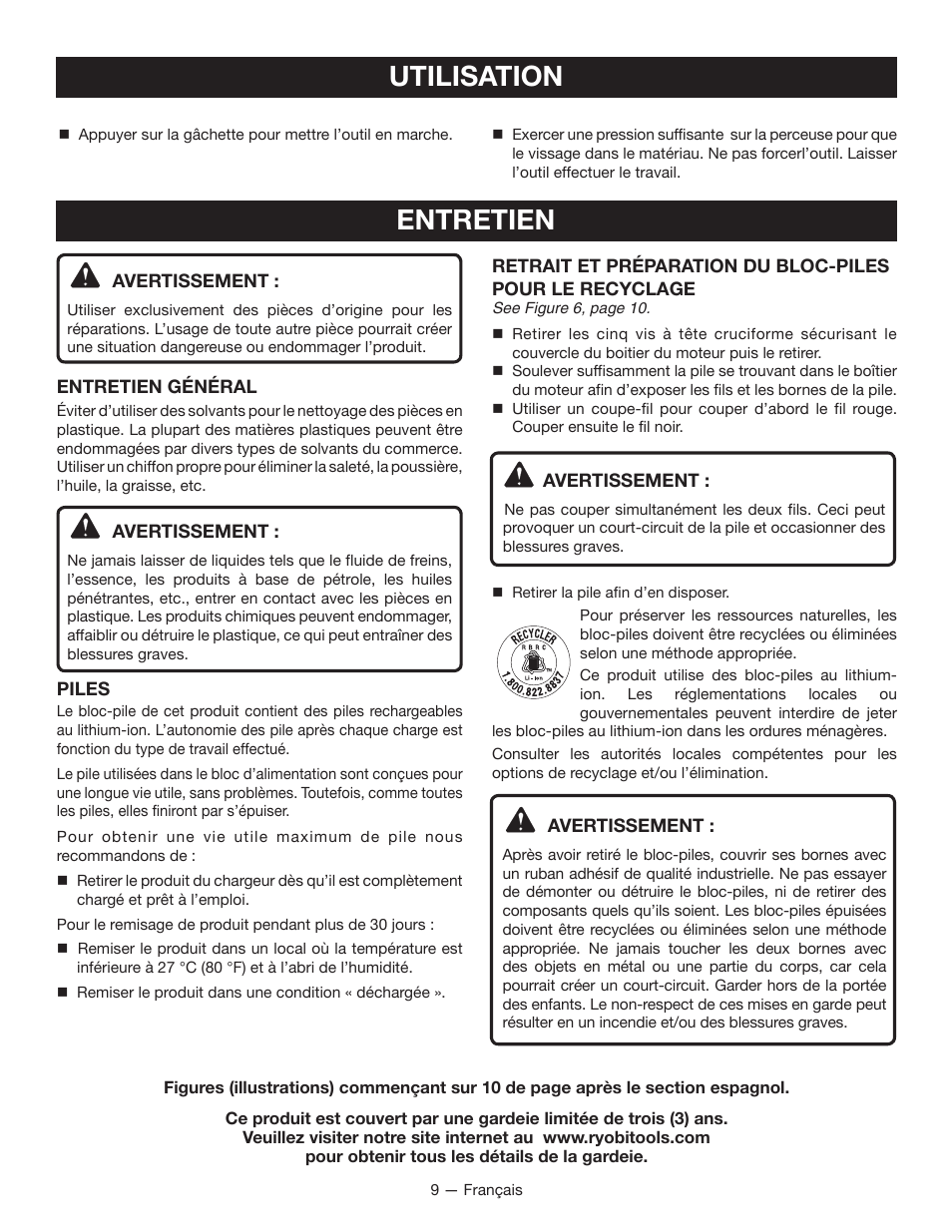 Entretien, Utilisation | Ryobi HP43L User Manual | Page 17 / 28