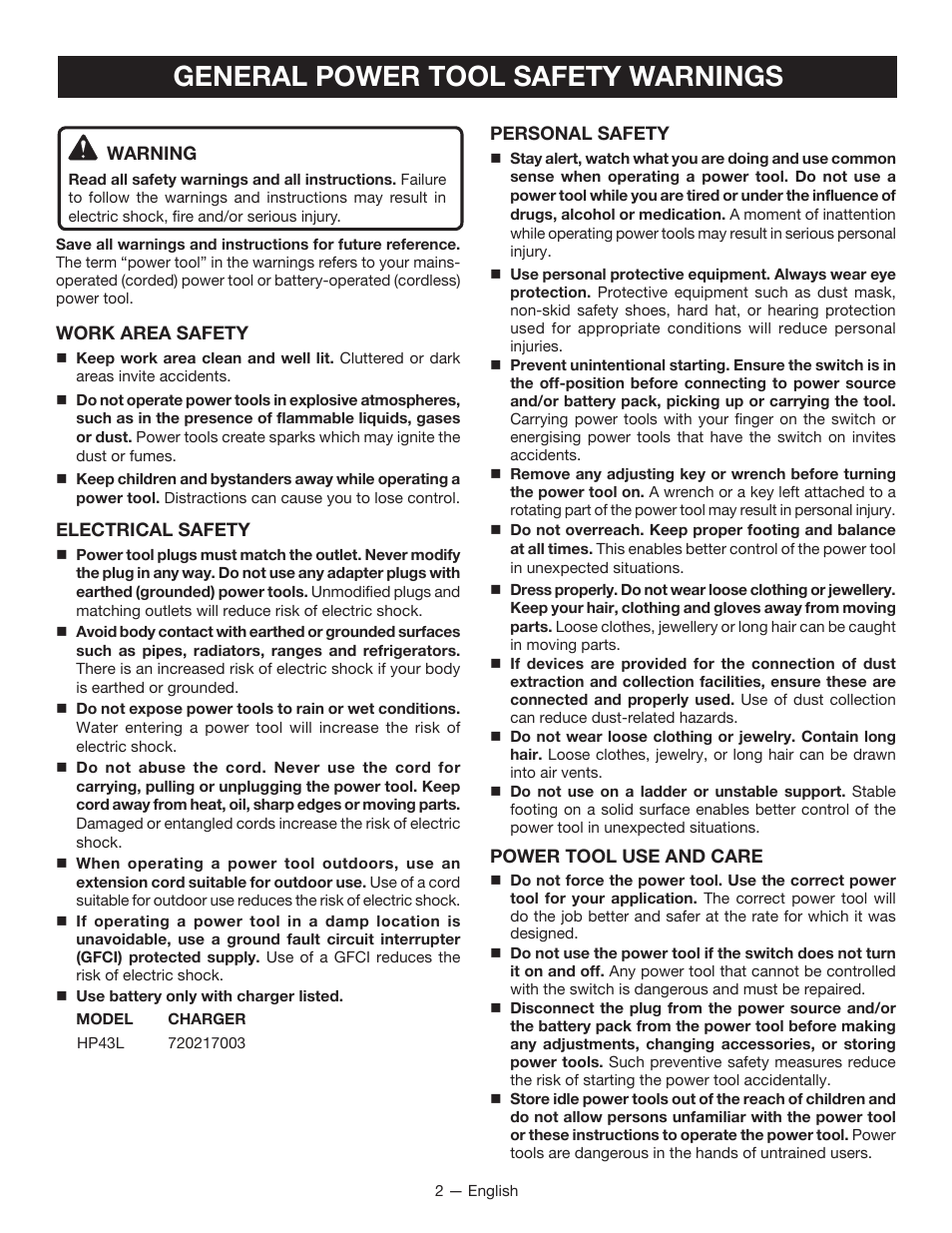 General power tool safety warnings | Ryobi HP43L User Manual | Page 2 / 28