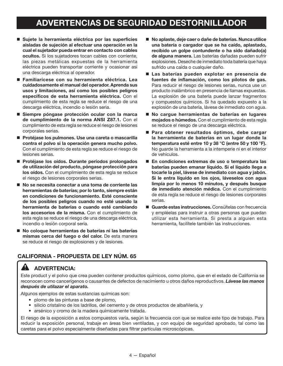 Advertencias de seguridad destornillador | Ryobi HP43L User Manual | Page 20 / 28