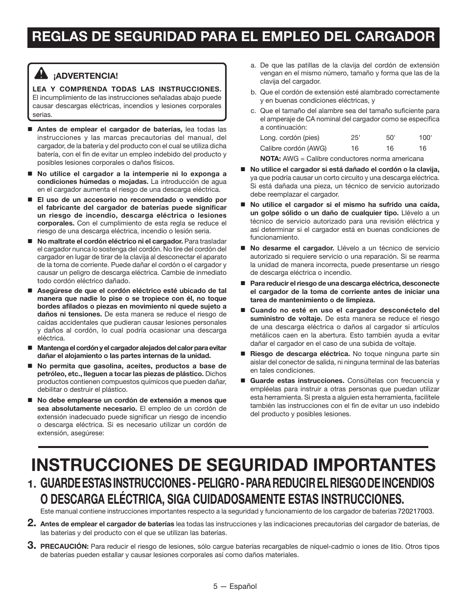 Instrucciones de seguridad importantes, Reglas de seguridad para el empleo del cargador | Ryobi HP43L User Manual | Page 21 / 28