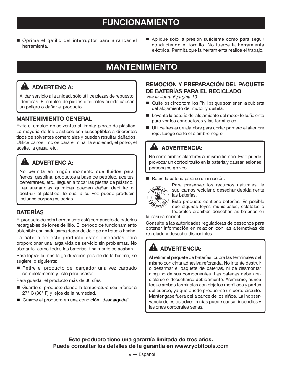 Mantenimiento, Funcionamiento | Ryobi HP43L User Manual | Page 25 / 28