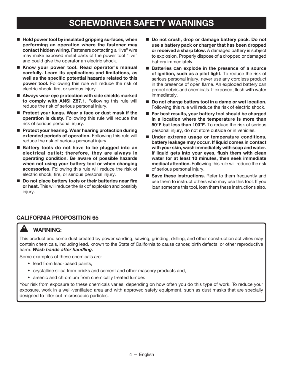Screwdriver safety warnings | Ryobi HP43L User Manual | Page 4 / 28