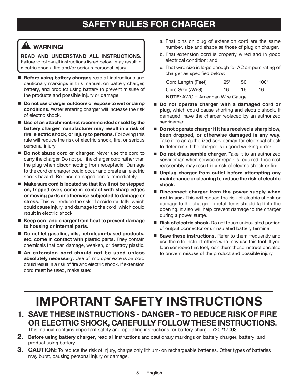 Important safety instructions, Safety rules for charger | Ryobi HP43L User Manual | Page 5 / 28