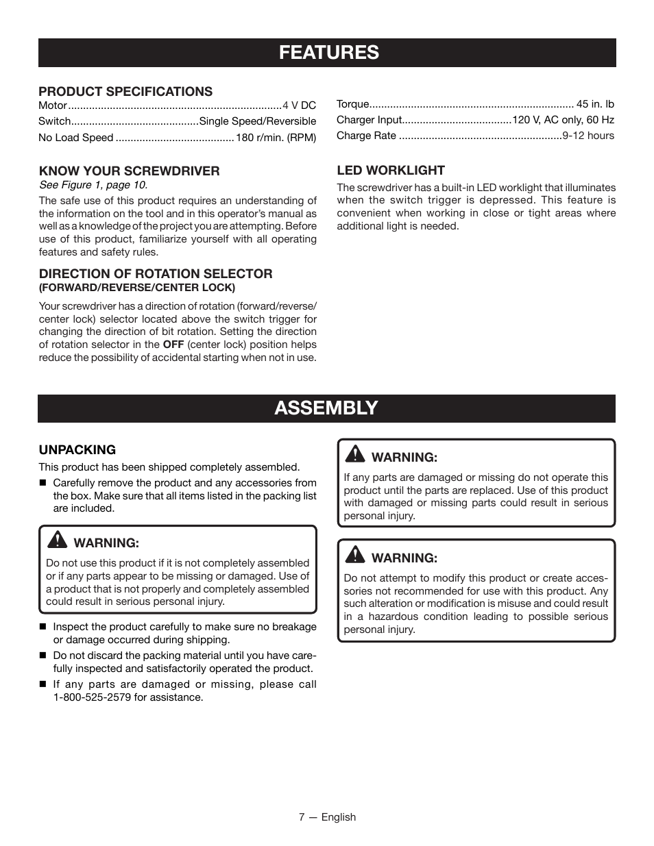Features, Assembly | Ryobi HP43L User Manual | Page 7 / 28