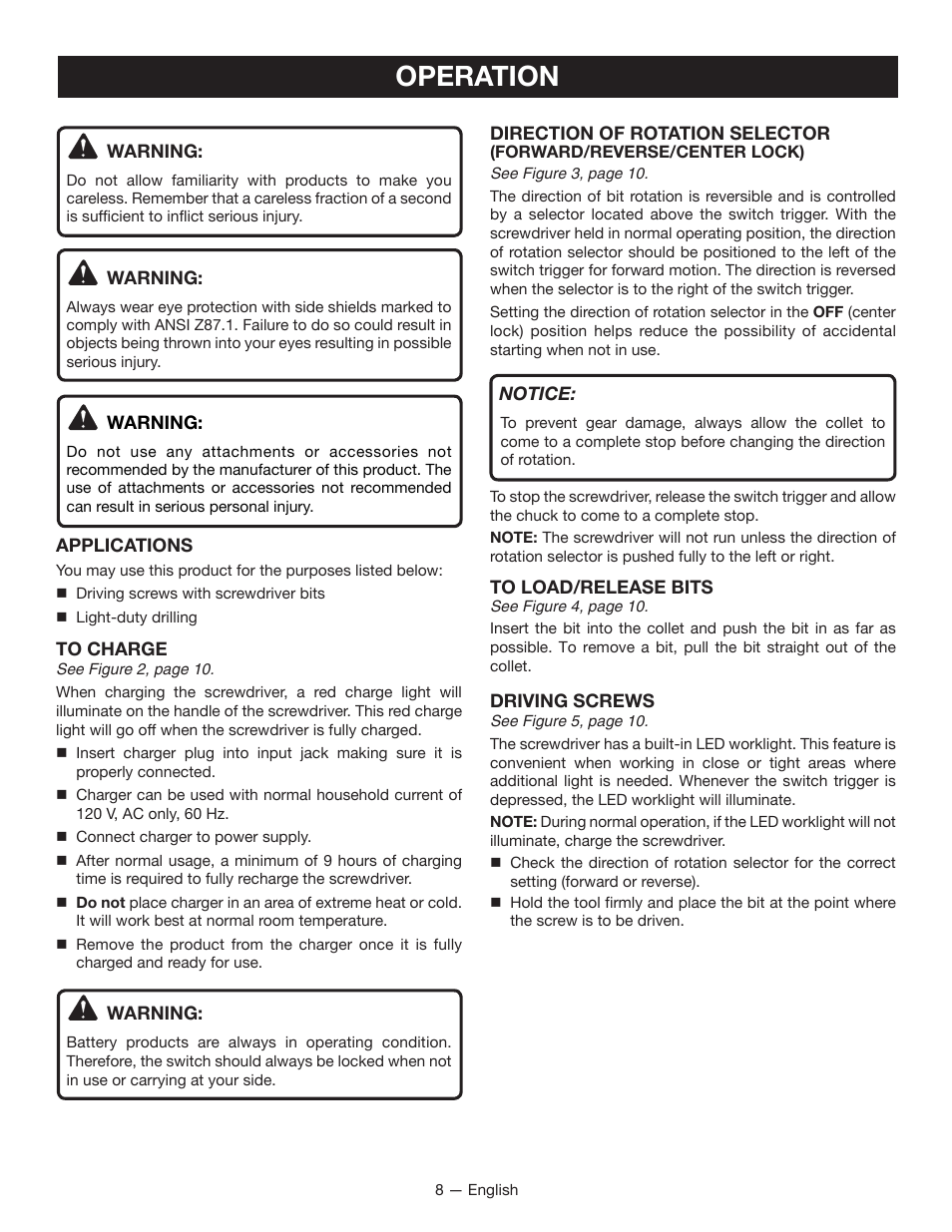 Operation | Ryobi HP43L User Manual | Page 8 / 28