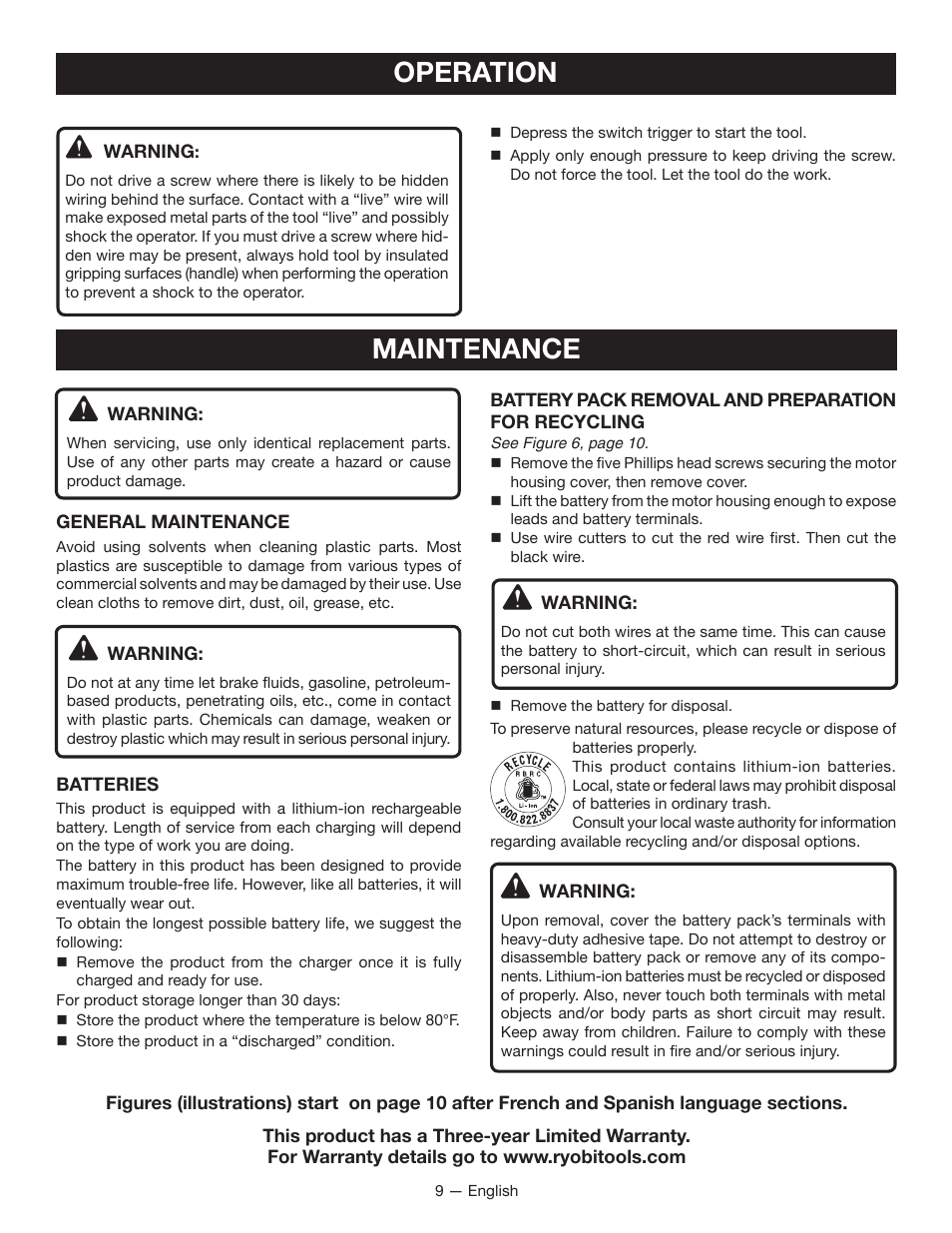 Maintenance, Operation | Ryobi HP43L User Manual | Page 9 / 28